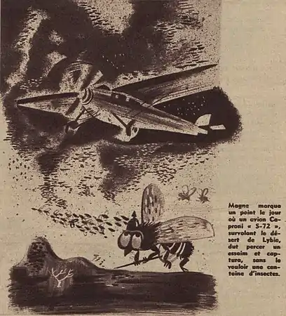dessin en noir et blanc représentant un avion lancé dans un nuage de mouches