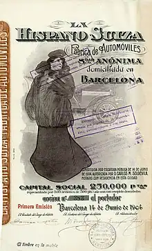 Action de fondation de La Hispano Suiza Fábrica de Automóviles de 500 pesetas, émise à Barcelone le 14 juin 1904, signée en original par Damià Mateu i Bisa, cofondateur, président et financier de l'entreprise