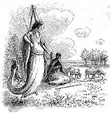 Femme portant un chapeau pointu et une baguette parlant à un berger