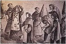 Condamnés par l'Inquisition de Lima (Pérou), dont un seul porte la panoplie : coroza, sambenito, corde au cou et cierge, et d'autres le bâillon