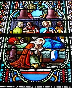 Vitrail sainte Madeleine essuyant les pieds du Christ avec ses cheveux
