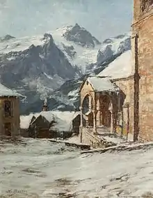 Peinture représentant la façade d'une église sur la droite, avec quelques maisons au second plan à gauche, et des montagnes englacées en arrière-plan.