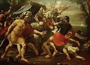 Deux soldats habillés en romain saisissent un groupe d'homme dans un paysage avec au fond un bateau