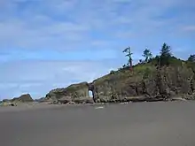 Plage de sable ; en fond, un gros rocher.