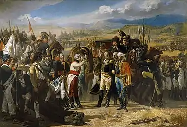 Représentation de la reddition des Français à Bailén, avec à gauche les officiers et soldats espagnols, au centre les généraux espagnol et français se saluant et à droite, les colonnes de prisonniers français défilant.