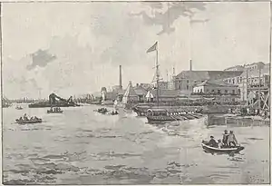 Gravure en noir et blanc représentant plusieurs embarcations à l'approche d'un port.