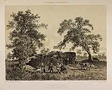La Roche aux Fées, allée couverte près du Theil (dessin de Félix Benoist).