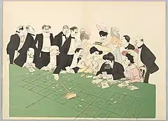 Caricature en couleur où de nombreux personnages se pressent à une table de jeu avec roulette et monceaux d'argent