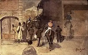 Dessin aux teintes marron de deux hommes à cheval, l'un derrière l'autre à bonne distance, s'engouffrant dans une rue étroite vers le lointain. Plusieurs personnes sur les côtés assistent à la scène.