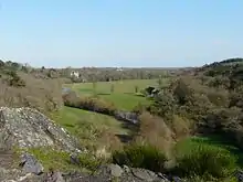 Vallée verdoyante, présentant arbres et prairies ; au fond, on distingue un châteaux blanc au toit d'ardoise.