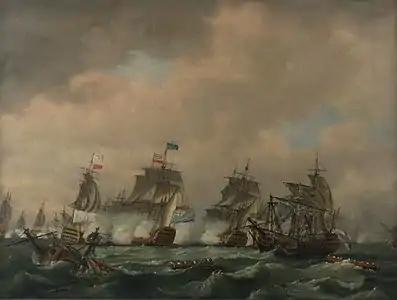 La bataille des Cardinaux, le 20 novembre 1759. À droite, une représentation possible du Héros désemparé et ayant baissé pavillon.