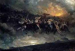 Un groupe de cavaliers volants mené par un homme barbu et casqué semble percer les nuages et s’abattre sur un paysage de désolation.