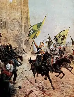 Des cavaliers de Napoléon au galop, brandissant des étendards ennemis déchirés, avec en fond la cathédrale de Reims.