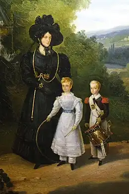 La duchesse de Gontaut, gouvernante des Enfants de France, promenant Louise d’Artois et son frère, Henri, duc de Bordeaux, dans les jardins de Saint-Cloud (détail), 1826, par Adolphe Ladurner