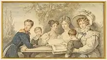 Six personnes autour d'une table, parmi eux cinq enfants et adolescents, Ferdinand en uniforme bleu, Louis et François en blouse grise, deux adolescentes aux robes claires et leur mère coiffée d'un imposant chapeau.