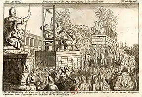 La fournée des Girondins.La statue de la Liberté ; les deux chevaux de l'entrée des Tuileries : ceux de la Renommée et de Mercure ; en arrière-plan : le Garde-Meubles et, en bas à droite, la charrette où gît le cadavre de Valazé.