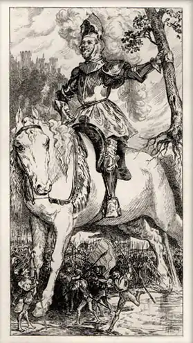 Gravure représentant une jument blanche portant un chevalier en armure.