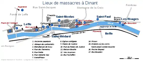 Carte de Dinant où figurent les sept principaux lieux de massacres de masse.