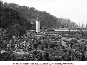 Tonneaux de rhum, mélasse et sucre entreposés sur la place Bertin.