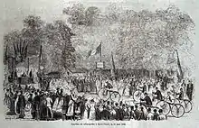 La première course de vélocipèdes officielle, au parc de Saint-Cloud le 31 mai 1868 (vainqueur James Moore).