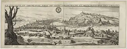 Gravure en noir et blanc d'une vue de ville à partir d'un promontoire.