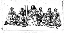 Gravure en noir et blanc représentant dix hommes et femmes assis.