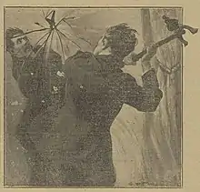 dessin représentant un homme brisant un miroir à l'aide d'un chenet.