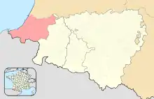 Carte des Pyrénées-Atlantiques, distinguant, en rose, l'ancienne province de Labourd