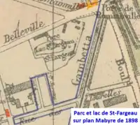 Lac de Saint-Fargeau sur plan de 1898 après percement de l'avenue Gambetta.