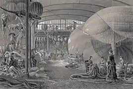 « Atelier de M. Lachambre, fabricant de ballons de baudruche, aérostats, etc. 24 passage des Favorites, Paris, Vaugirard. Août 1883. »Dessin d'Albert Tissandier