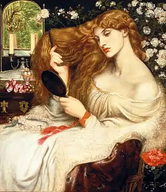 Peinture. Portrait d’une femme assise, de trois quarts gauche, en train de tresser sa chevelure rousse. L’arrière-plan est constitué de fleurs sur fond noir.