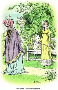 Illustration en couleurs. Face à face, Lady Catherine, imposante (de dos) et Elizabeth, décidée