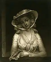 Gravure monochrome d'une jolie jeune femme aux cheveux blonds ou poudrés, portant un large chapeau retenu par un ruban.