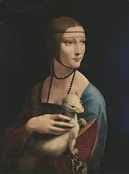 Tableau. Portrait représentant une femme vue de trois-quart face et qui tient une hermine dans les mains.