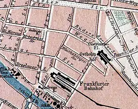 Emplacement des gares de Francfort et de l'Est sur un plan de 1875.