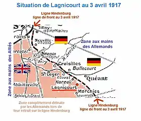 Situation de Vaulx-Vraucourt en 1917, en zone britannique, tout près de la ligne Hindenburg.