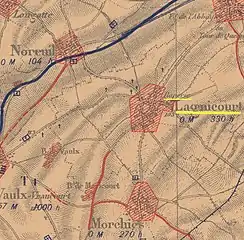 La carte des régions dévastées en 1919 montre que le village est complètement détruit ainsi que la râperie.