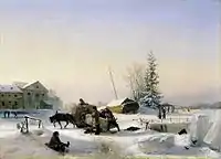 Le Transport de glace (Vue l'hiver de l'ancienne ville vinicole de l'île Vassilevski à Saint-Pétersbourg sur la rivière noire), 1849.  Musée régional d'art d'Irkoutsk, Russie