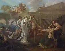 Peinture d'une femme en robe blanche entourée se dirigeant vers une femme casquée les bras ouverts.