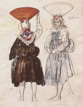 Croquis de deux femmes en costume breton portant une gède sur la tête.
