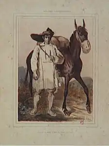 Estampe montrant un paludier à pied à côté d’une mule.