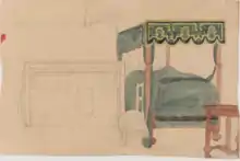 Dessin aquarellé représentant un lit à baldaquin.