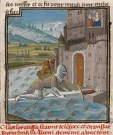 Enluminure de manuscrit médiéval, en couleur, représentant un chevalier en armure franchissant une douve en rampant sur une grande épée qui lui sert de pont, pour rejoindre sa dame que l'on voit dans une tour en pierre du château.