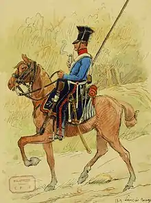 Un cavalier sur sa monture de profil, vêtu de bleu, fumant sa pipe, avec sa lance sur le côté.