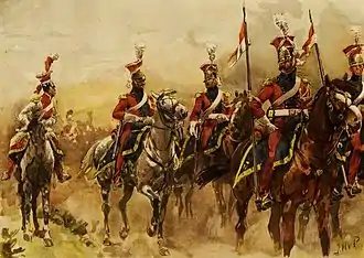 Un groupe de cavaliers de Napoléon sur leurs montures, en chemin.