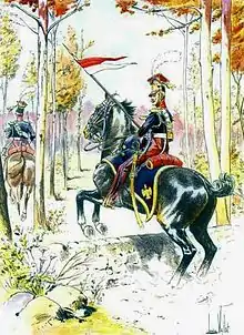Cavaliers de Napoléon, l'un enjambant un muret et armés de lance, en reconnaissance.
