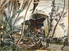 Landing Ships Under Fire, Treasury Island, 1943 (débarquement de la 3e division néo-zélandaise à Mono, par le peintre Russell Clark).