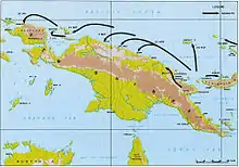 Carte topographique de l'île de Nouvelle-Guinée avec des flèches indiquant l'avancée alliées le long de la côte nord.