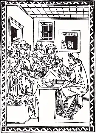 Cristoforo Landino enseignant aux étudiants (gravure sur bois). Frontispice du Formulario de epistole vulgare de Landini (guide épistolaire) dans l'édition Florence 1492.