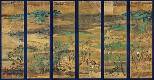 Paravent à décor de paysage et temple du Tō-ji. XIe – XIIe siècle. Couleurs, soie. 6 feuilles, ch. 146 x 42 cm. Milieu de l'époque Heian. Musée National de Kyoto.